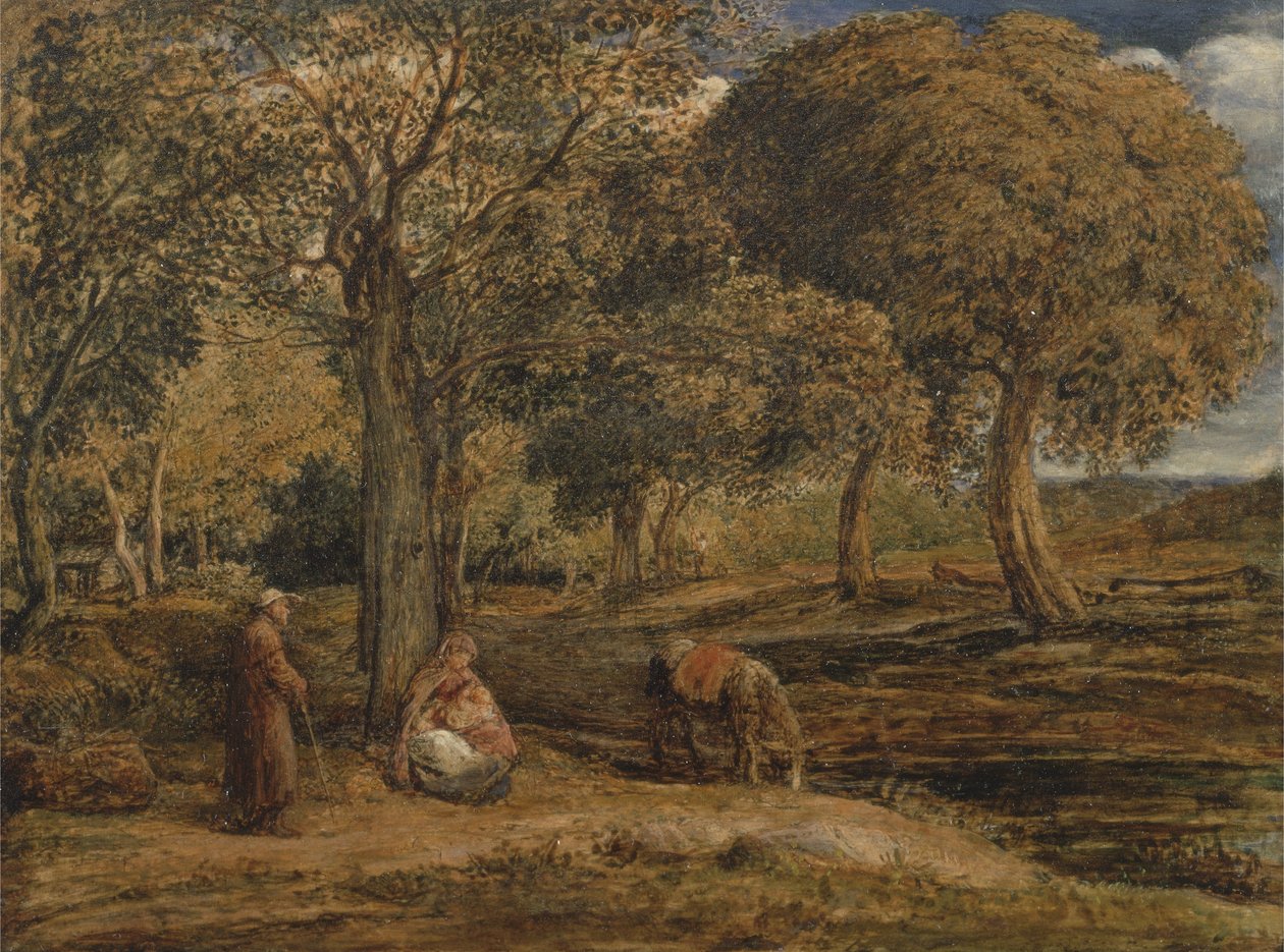 परिवार समूह के साथ लैंडस्केप, संभवतः मिस्र में उड़ान पर आराम, c.1827 (पैनल पर तेल) द्वारा जॉन लिननेल