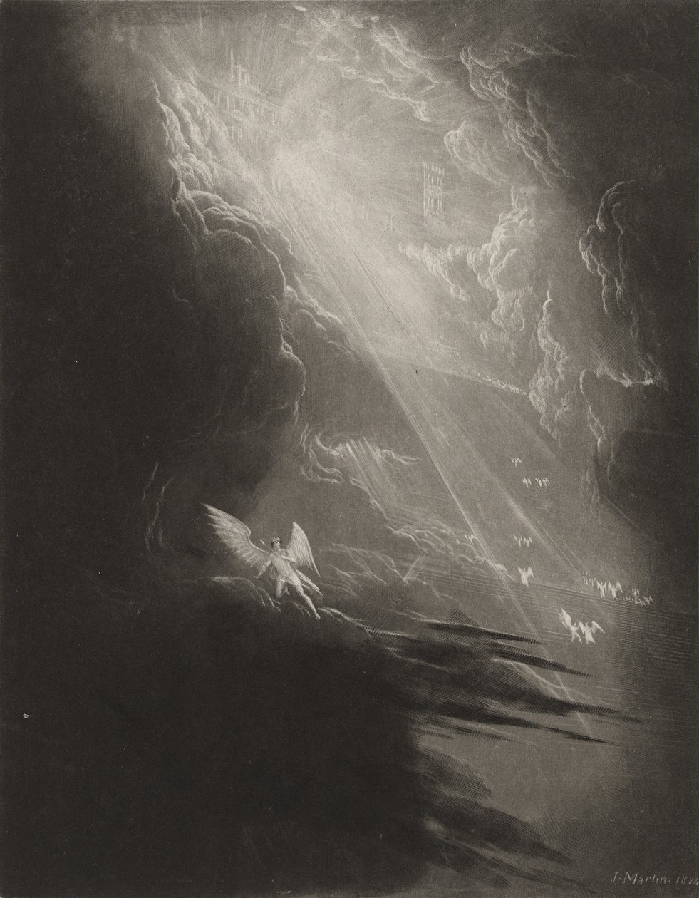 शैतान स्वर्ग में चढ़ाई देख रहा है, c.1827 (mezzotint) द्वारा जॉन मार्टिन