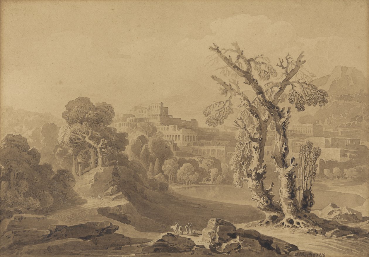 शीर्षकहीन: एक लैंडस्केप में शास्त्रीय शहर, 1816 (कार्ड पर धोएं) द्वारा जॉन मार्टिन