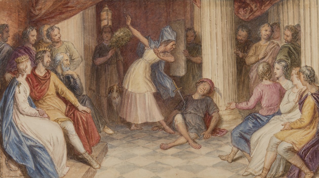 पाइरामस एंड थेबे, मिडसमर नाइट्स ड्रीम, एक्ट वी, सीन I, c.1840 (wc पेपर पर) द्वारा जॉन मैसी राइट