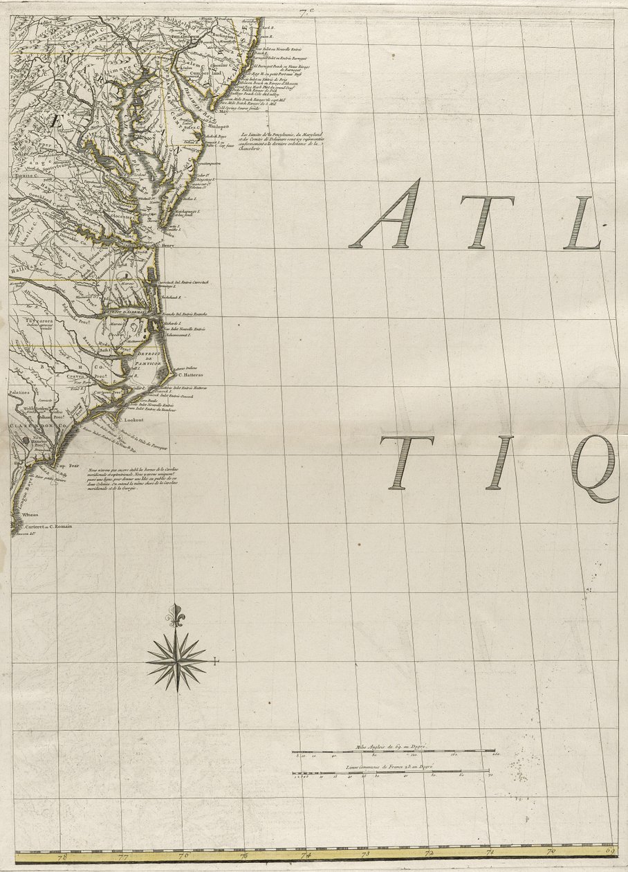 अमेरिका में ब्रिटिश और फ्रांसीसी प्रभुत्व का एक नक्शा, 1756 (कागज पर रूपरेखा रंग के साथ उत्कीर्णन) द्वारा जॉन मिशेल