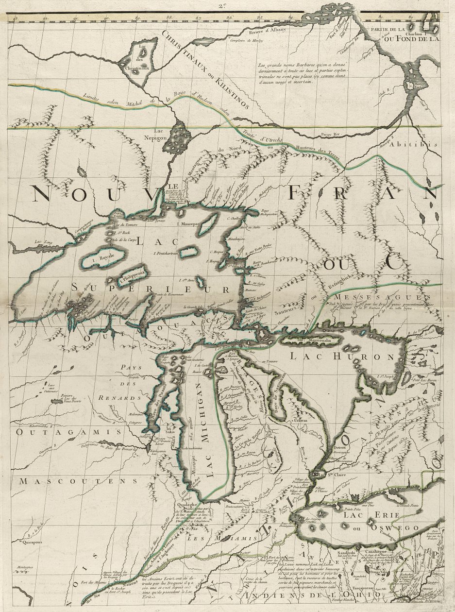 अमेरिका में ब्रिटिश और फ्रांसीसी प्रभुत्व का एक नक्शा, 1756 (कागज पर रूपरेखा के रंग के साथ उत्कीर्ण) द्वारा जॉन मिशेल