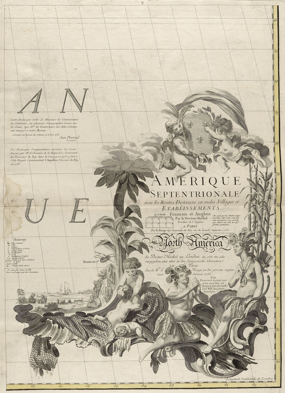 अमेरिका में ब्रिटिश और फ्रांसीसी प्रभुत्व का एक नक्शा, 1756 (कागज पर रूपरेखा रंग के साथ उत्कीर्णन) द्वारा जॉन मिशेल