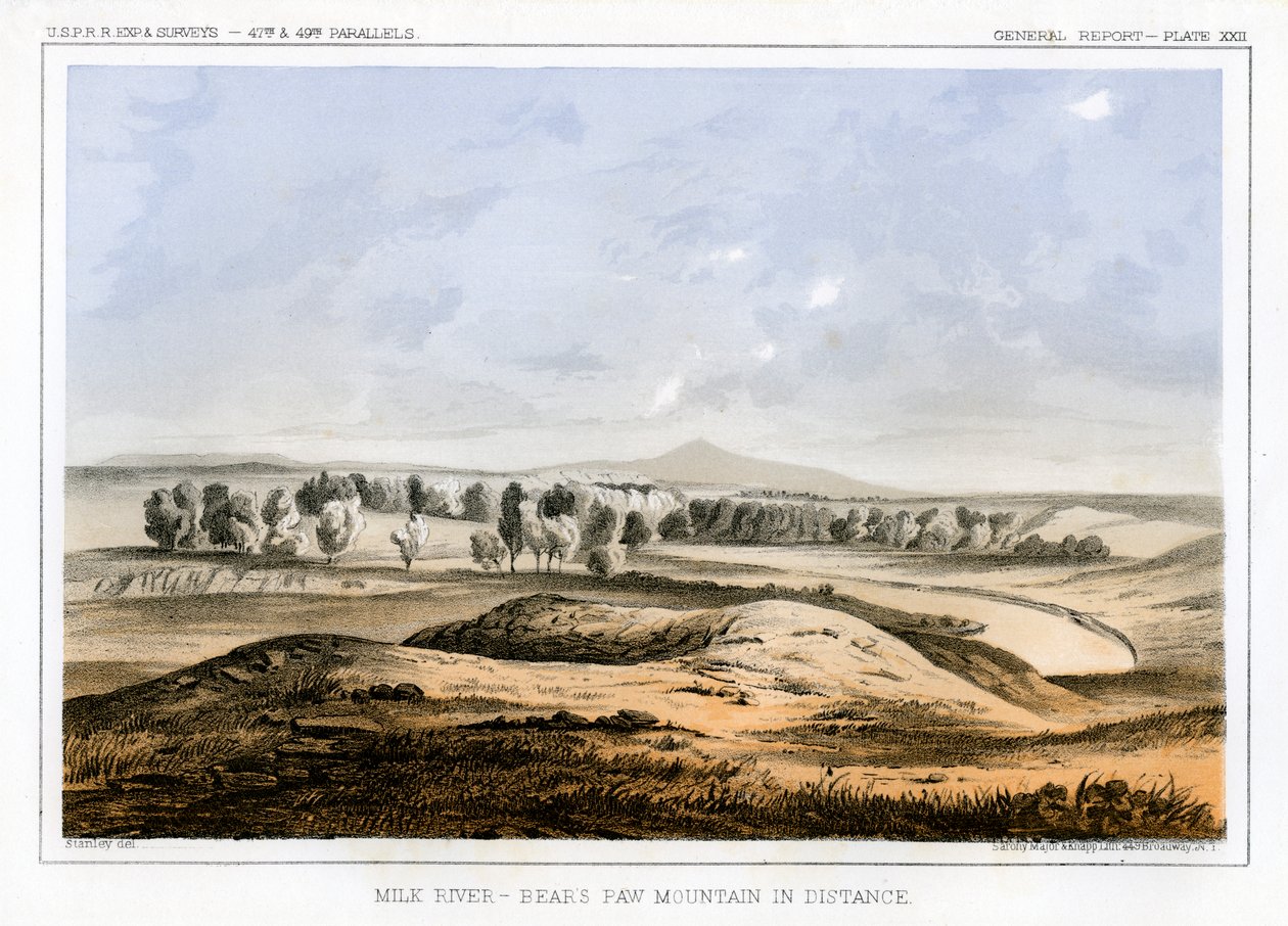 दूर, मोंटाना, संयुक्त राज्य अमेरिका, 1856 में बेयस पवन पर्वत के साथ मिल्क रिवर। द्वारा जॉन मिक्स स्टेनली
