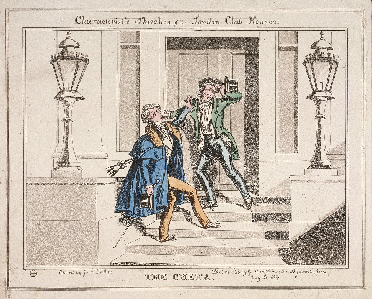 क्रॉकफोर्ड क्लब, लंदन, 1829 की सीढ़ियों पर दो शराबी मौजी का दृश्य द्वारा जॉन फिलिप्स