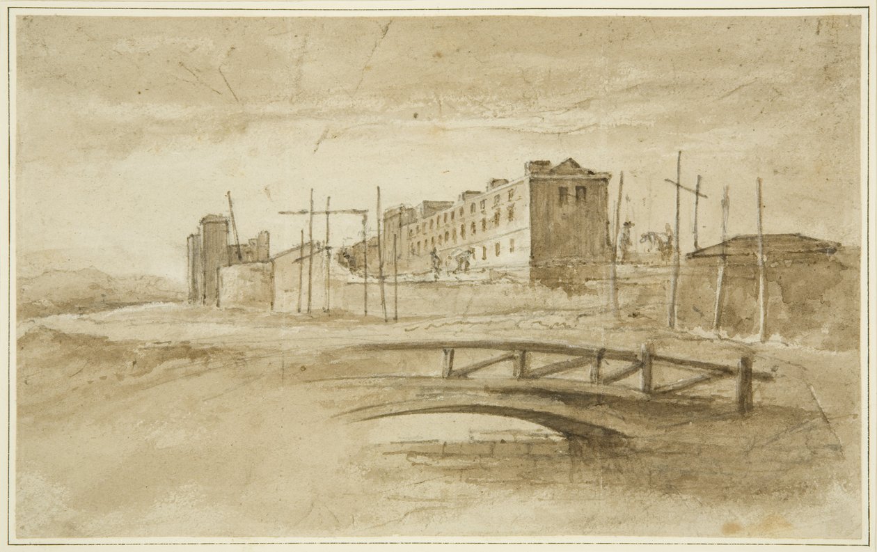 इमारत के दौरान न्यू गॉल, हार्फोर्ड ब्रिज से देखा गया, c.1820 (कागज पर पेंसिल और वॉटरकलर) द्वारा जॉन रेवरेंड एडेन