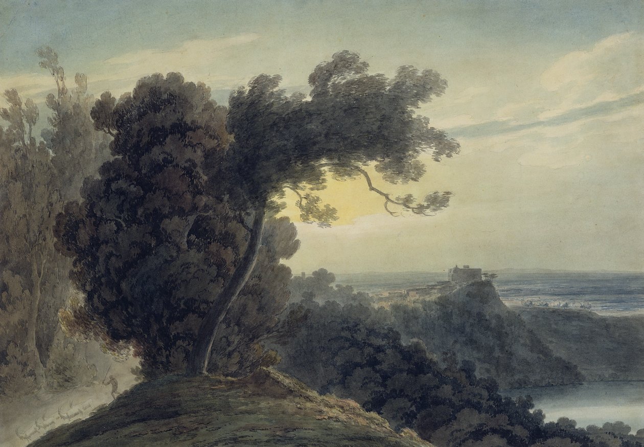 एल्बानो और कैसल गंडोल्फो की झील, c.1783-85 (वेव पेपर पर ग्रेफाइट और पानी के रंग का) (252095 भी देखें) द्वारा जॉन रॉबर्ट कोज़ेंस