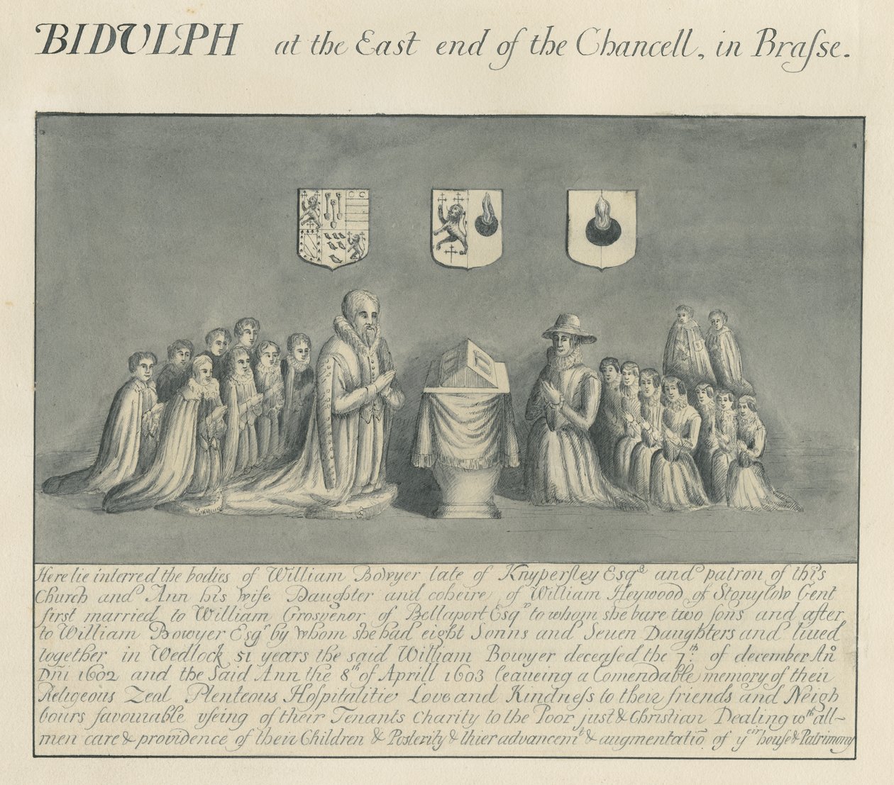 Biddulph Church में ब्रास प्लेट - Knipersley के विलियम बोयर: पेन और वॉश ड्राइंग, nd [ 19 वाँ प्रतिशत (ड्राइंग) द्वारा जॉन रॉबर्ट फर्नीफ