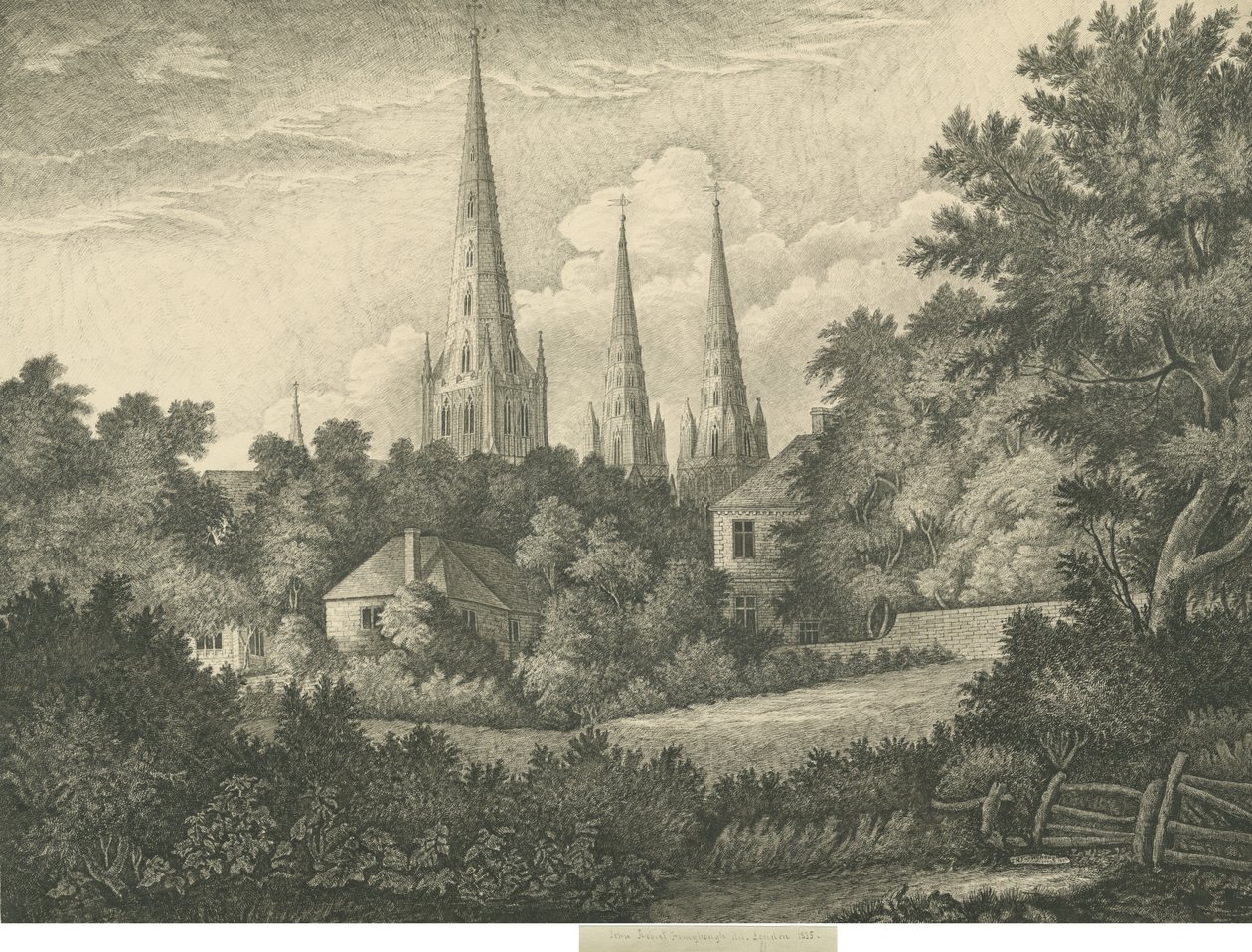 लिचफील्ड कैथेड्रल - नॉर्थ ईस्ट व्यू: पेन एंड इंक ड्राइंग, 1835 द्वारा जॉन रॉबर्ट फर्नीफ