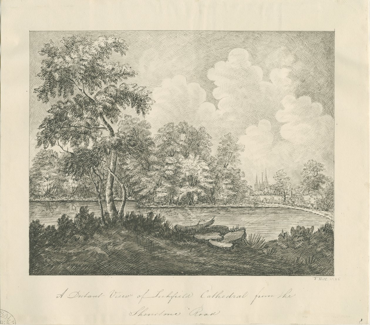 लिचफील्ड कैथेड्रल - पश्चिम दक्षिण पश्चिम दृश्य (दूर): पेन ड्राइंग द्वारा जॉन रॉबर्ट फर्नीफ
