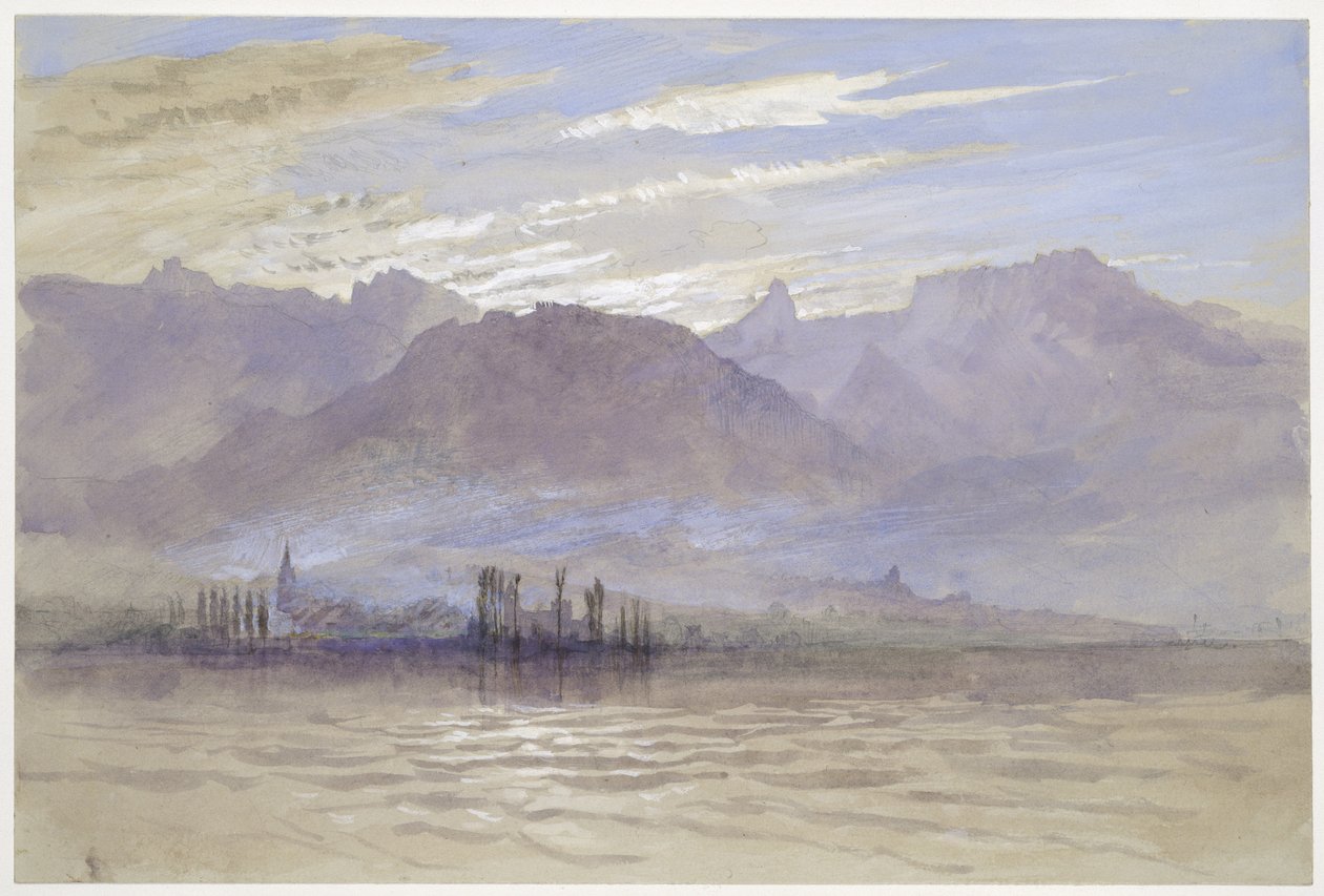 वसंत में सुबह, उत्तर-पूर्वी हवा के साथ, वीवे पर, मई - जून 1849 या 1 मई 1869 (पीला ग्रे वोव पेपर पर ग्रेफाइट पर वॉटरकलर और बॉडीकोलर) द्वारा जॉन रस्किन