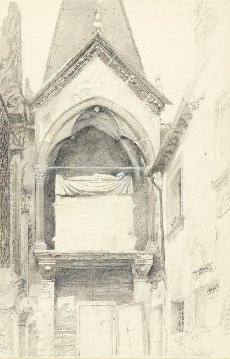 कंग्रांडे I डेला स्काला का मकबरा, वेरोना, 28 मई-29 जून 1869 (वोव पेपर पर ग्रेफाइट, वॉटरकलर और बॉडी कलर) द्वारा जॉन रस्किन