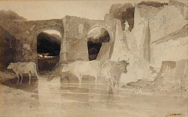 पुल और गाय (कलम और स्याही और कागज पर धोएं) द्वारा जॉन बेच Cotman