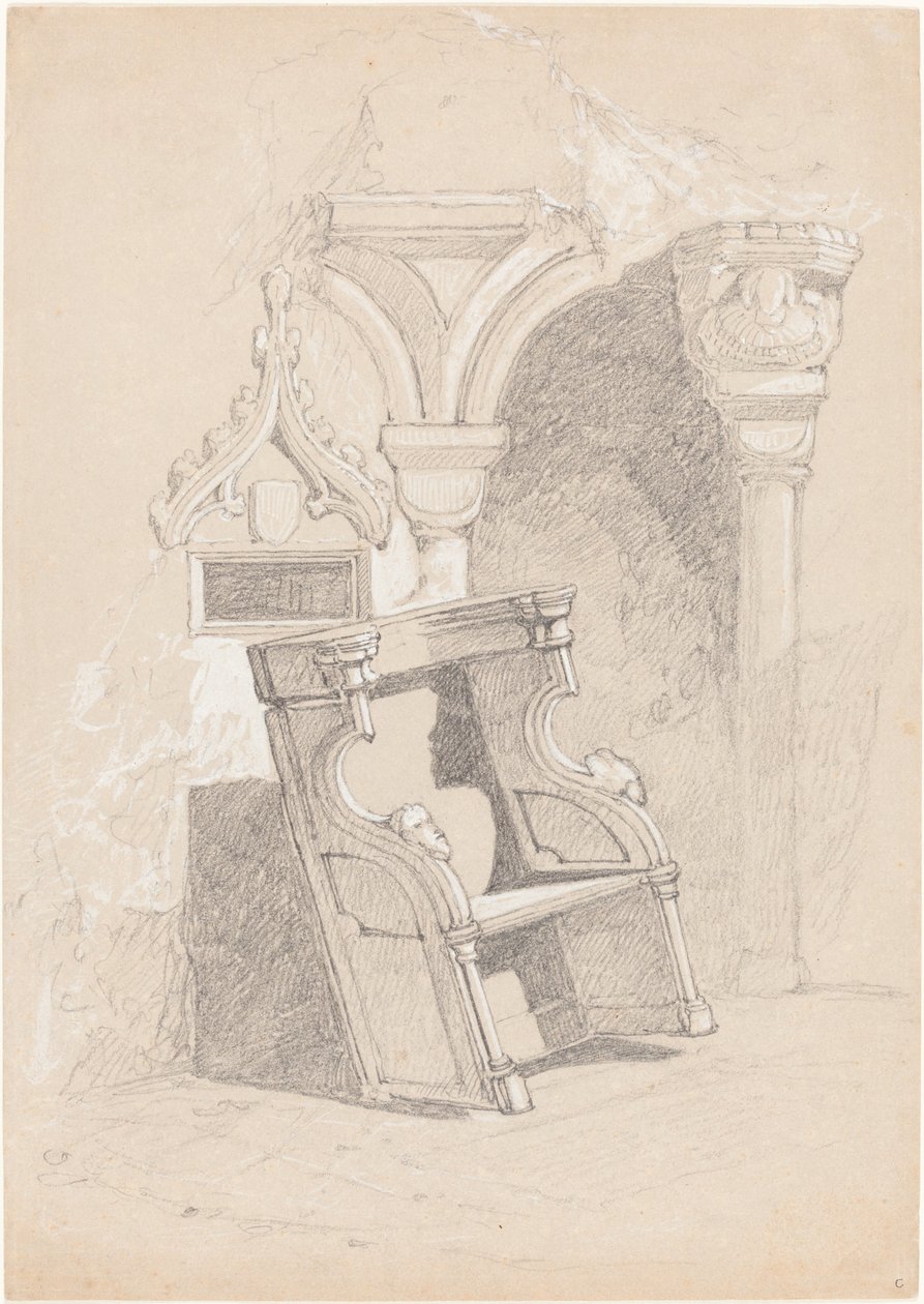 कुर्सी सहित बर्बाद चर्च के आंतरिक भाग का रेखाचित्र द्वारा जॉन बेच Cotman