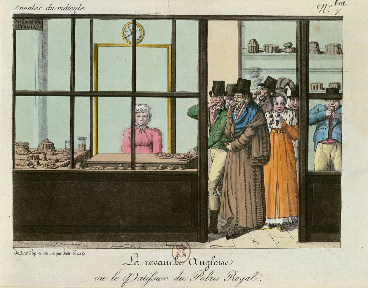 द इंग्लिश रिवेंज या, द पैटीसेरी एट द पैलैस रॉयल, c.1815 द्वारा जॉन तेज