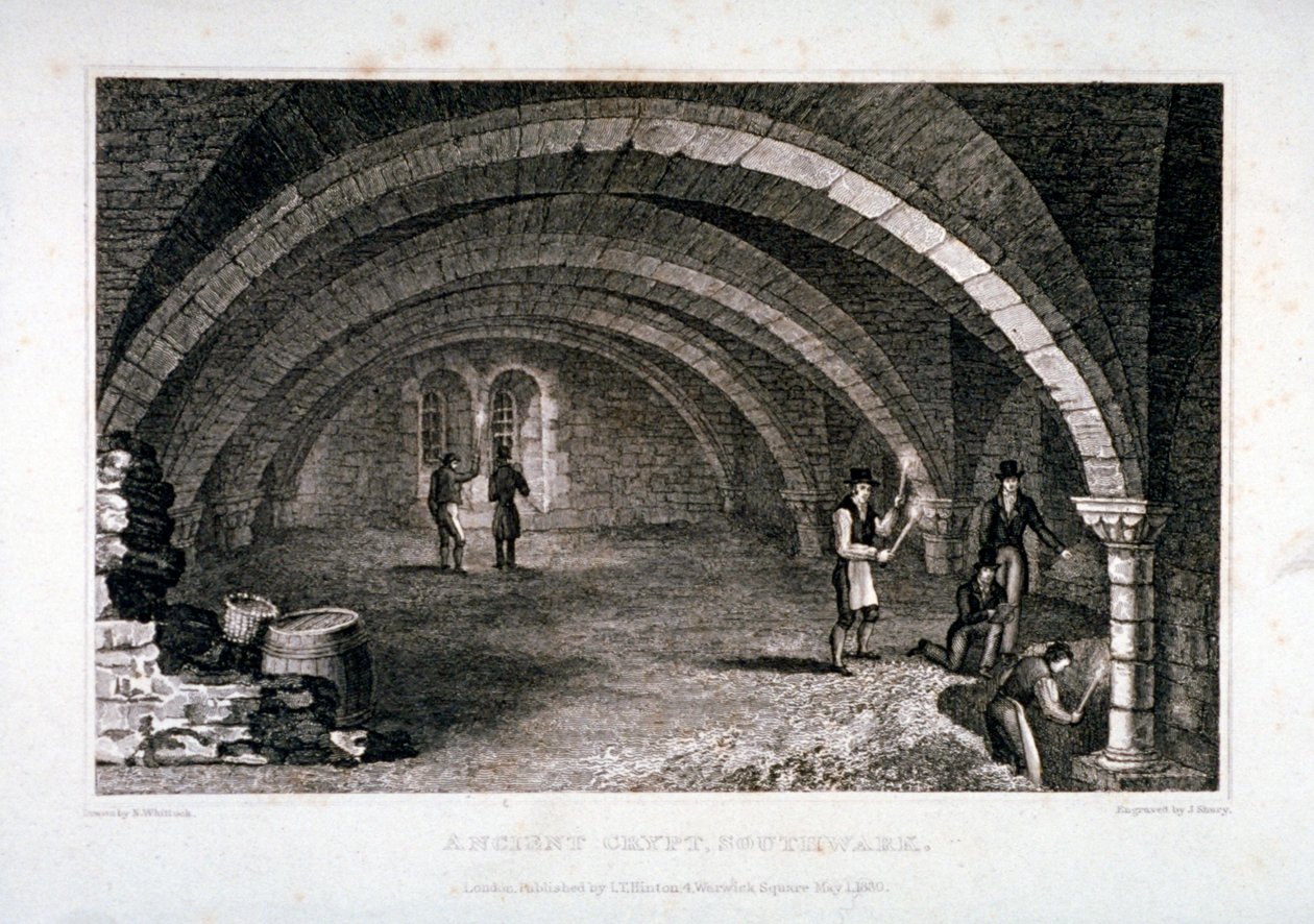 क्रिप्ट का आंतरिक दृश्य, सेंट सेवियर्स चर्च, साउथवार्क, लंदन, 1830। द्वारा जॉन शूर