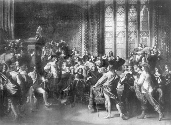 चार्ल्स I (1600-49) संसद के पांच सदस्यों को गिरफ्तार करने का प्रयास करते हुए, 1888 में वाल्टर रोवेल्ड द्वारा प्रकाशित द्वारा जॉन सिंगलटन कोपले