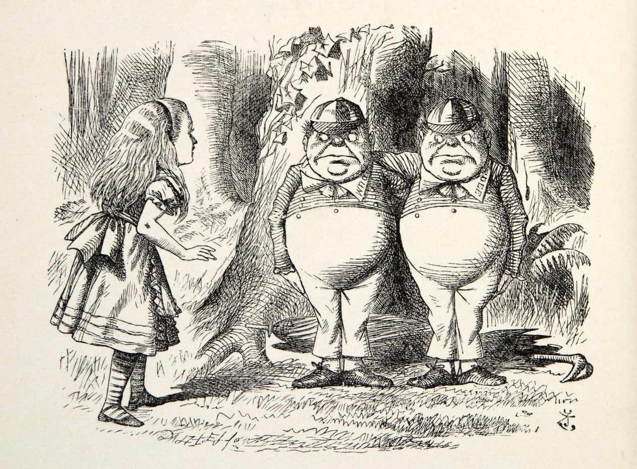 ट्वीडलेडम और ट्वीडली, लुकिंग कैरोल के माध्यम से चित्रण, लुईस कैरोल (1832 - 98), 1872 द्वारा जॉन टेनिएल