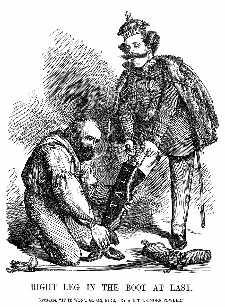 इटली का एकीकरण: ज्यूसेप गैरीबाल्डी (1807-1882) ने विक्टर इमैनुएल II (1820-78) को इटली के बूट पर रखने में मदद की। पंच, लंदन से जॉन टेनियल कार्टून द्वारा जॉन टेनिएल