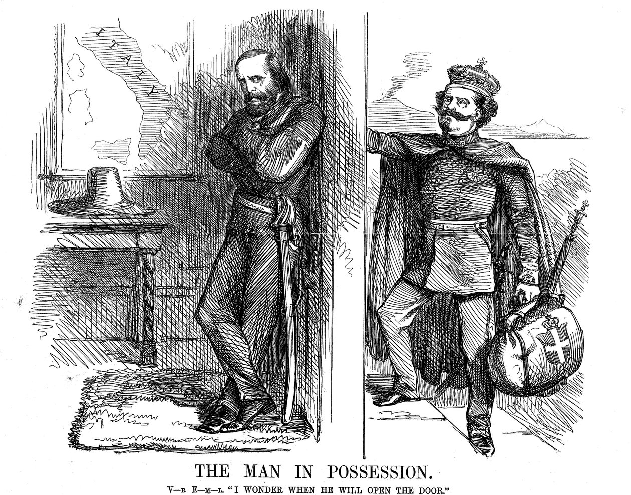 विक्टर इमैनुएल II ने नेपल्स का दरवाजा खटखटाया, 1861 द्वारा जॉन टेनिएल