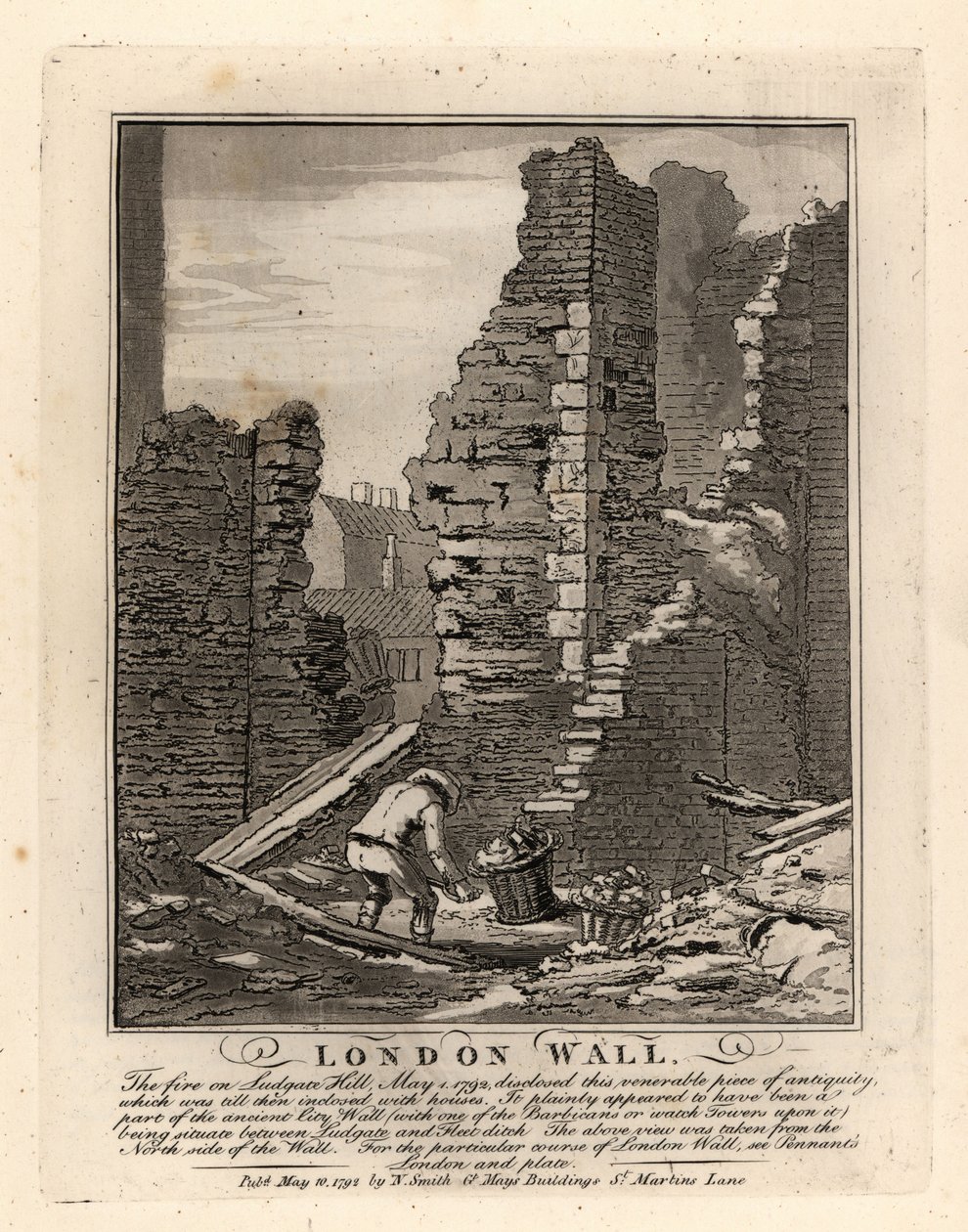 लुडगेट हिल पर मई 1792 की आग से रोमन लंदन की दीवार के खंडहर उजागर हुए द्वारा जॉन थॉमस स्मिथ