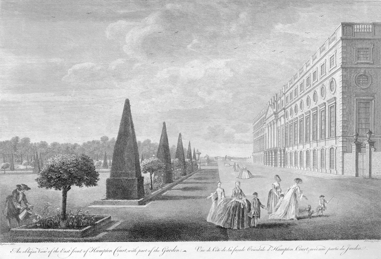 गार्डन के हिस्से के साथ हैम्पटन कोर्ट के पूर्व मोर्चे का एक ओब्लिक व्यू, c.1744 द्वारा जॉन टिननी