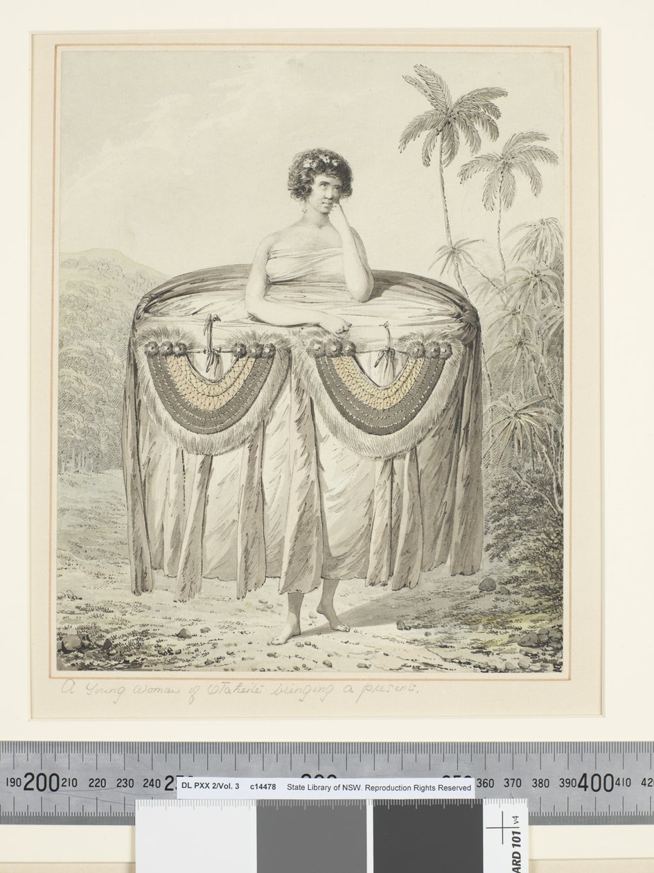 F.12 ओटाहेइट की एक युवा महिला एक उपहार ला रही है, c.1773-84 (जल रंग) द्वारा जॉन वेबर