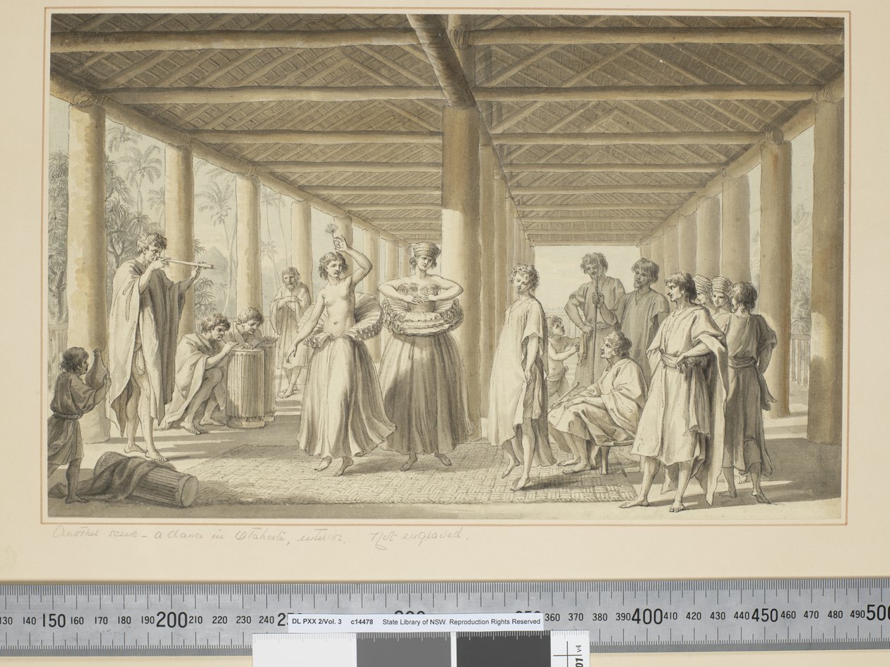 F.14 एक अन्य दृश्य, ओटाहेइट में एक नृत्य, बाहरी, c.1773-84 (जल रंग) द्वारा जॉन वेबर
