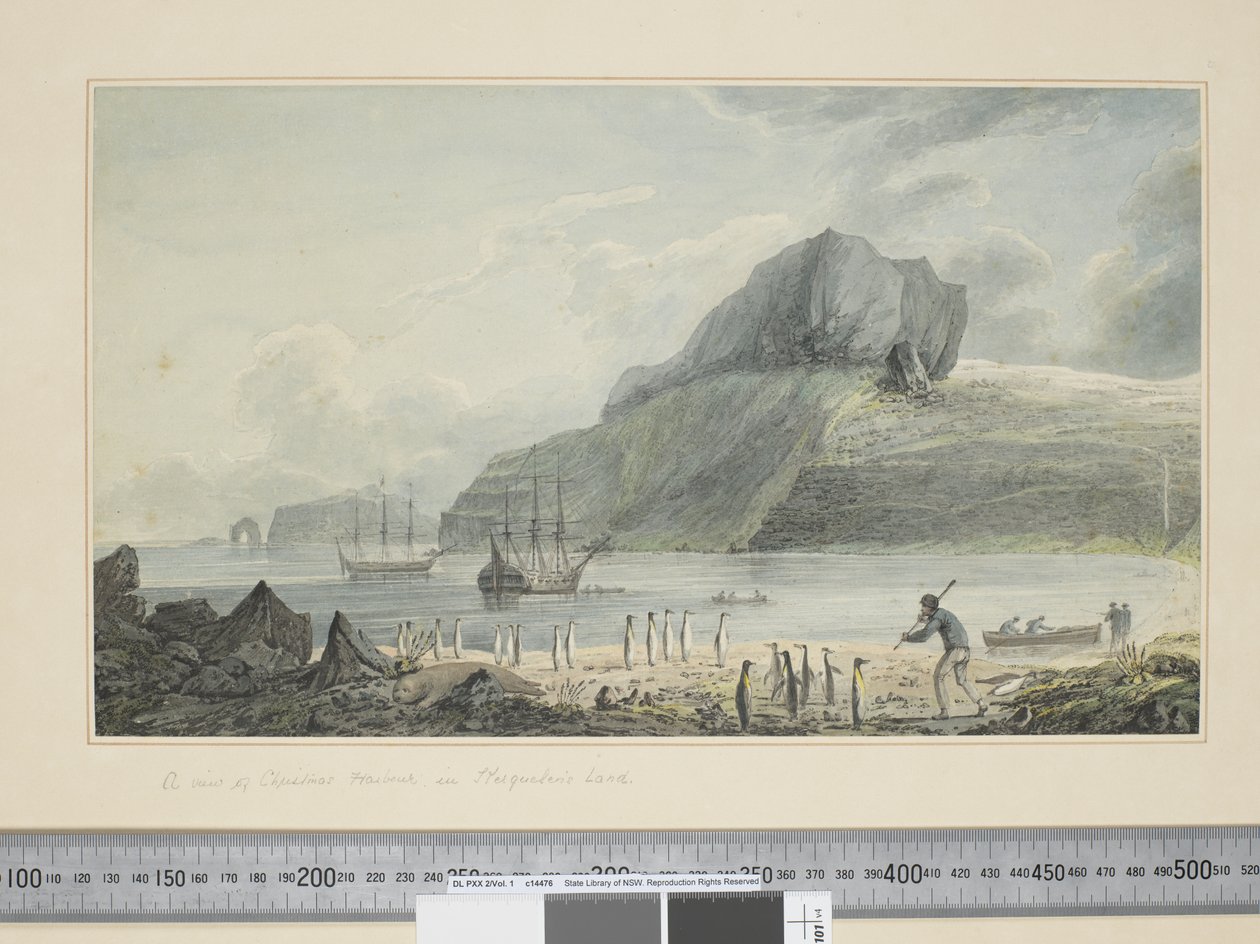 F.1 Kerguelen's Land में क्रिसमस हार्बर का एक दृश्य, c.1773-84 (वाटरकलर और प्रिंट उत्कीर्णन) द्वारा जॉन वेबर