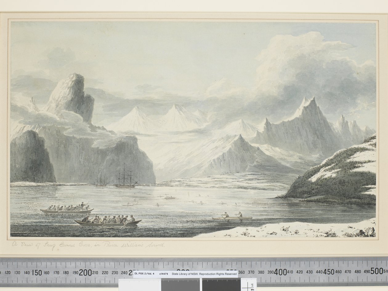 F.25 प्रिंस विलियम साउंड में स्नग कॉर्नर कोव का एक दृश्य, c.1773-84 (वाटरकलर) द्वारा जॉन वेबर