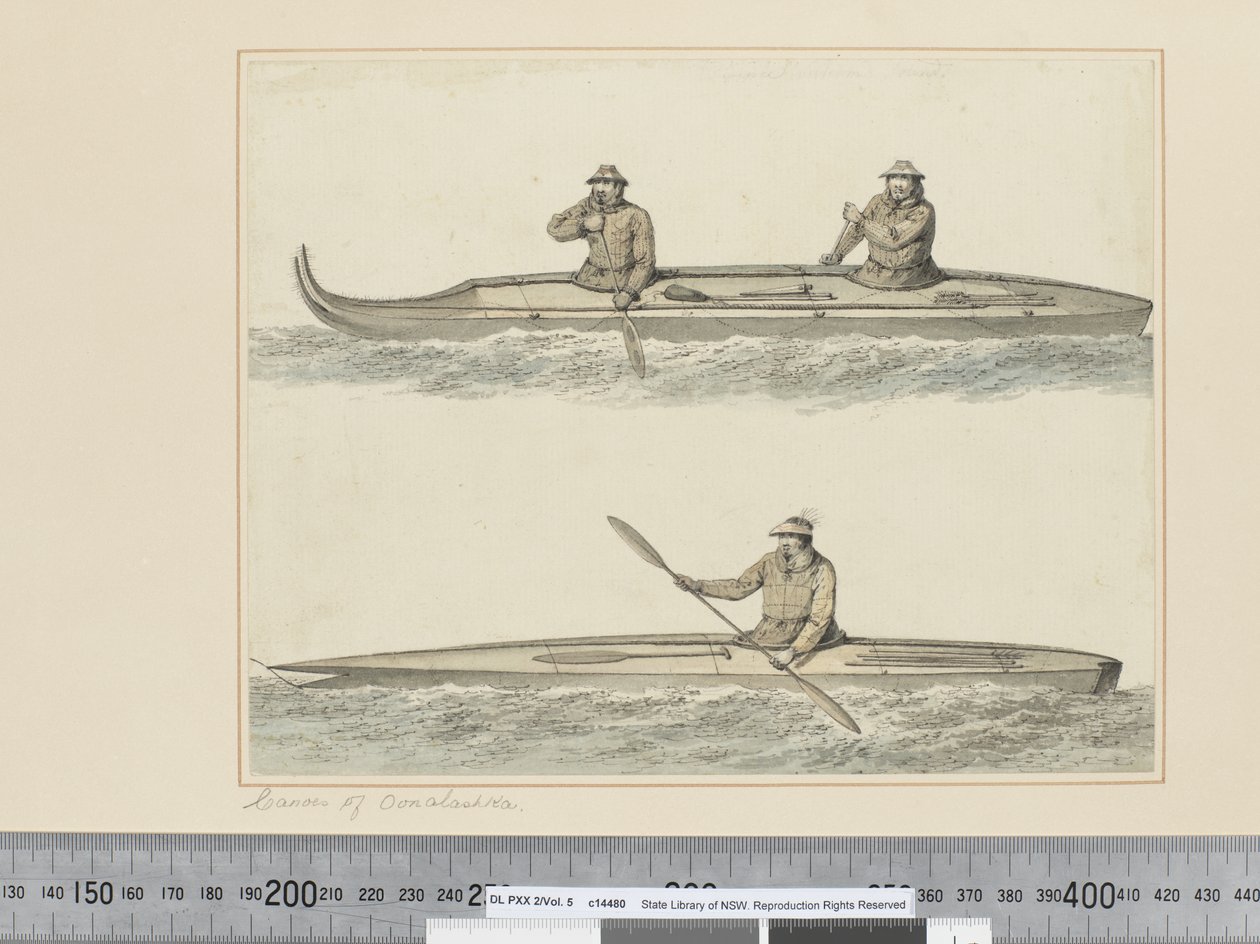 F.30 Canoes of Oonalashka, प्रिंस विलियम साउंड, c.1773-84 (वाटरकलर) द्वारा जॉन वेबर