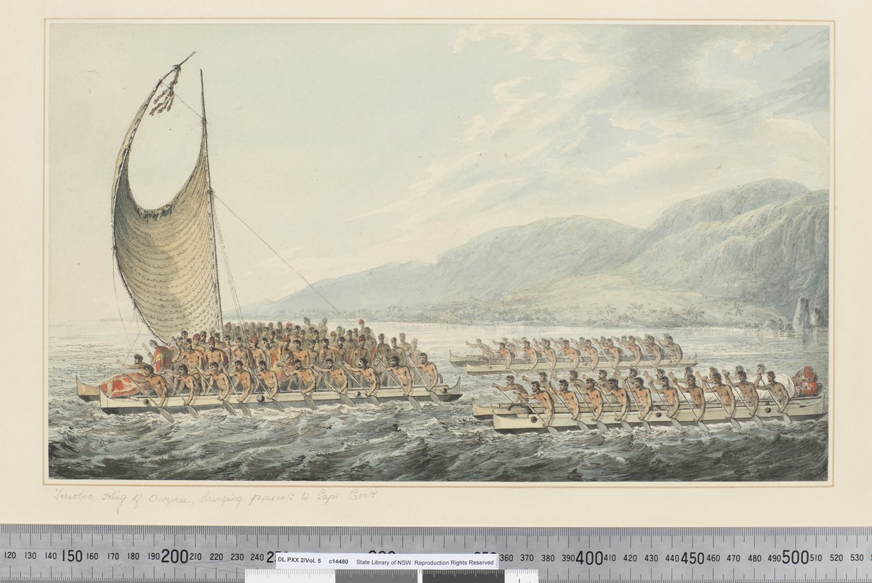 F.35 Tereoboo, Owyhee के राजा, कैप्टन कुक को उपहार लाते हुए, c.1773-84 (वाटरकलर) द्वारा जॉन वेबर