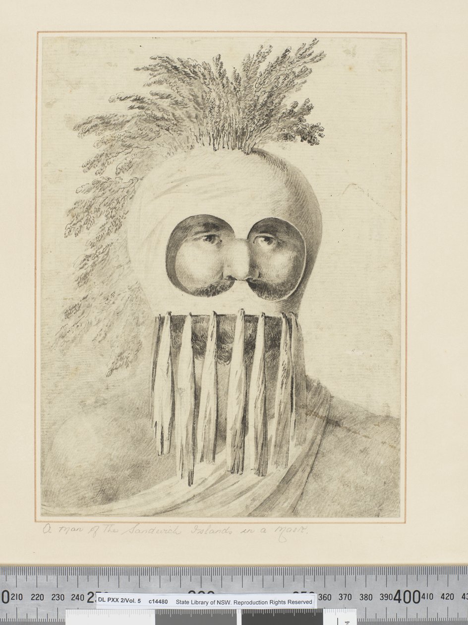 F.38 ए मैन ऑफ़ द सैंडविच आइलैंड्स इन अ मास्क, c.1773-84 (वाटरकलर) द्वारा जॉन वेबर
