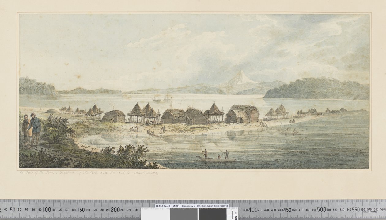 F.41 कामत्सचटका में सेंट पीटर और सेंट पॉल के शहर और बंदरगाह का एक दृश्य, c.1783-84 (जल रंग) द्वारा जॉन वेबर