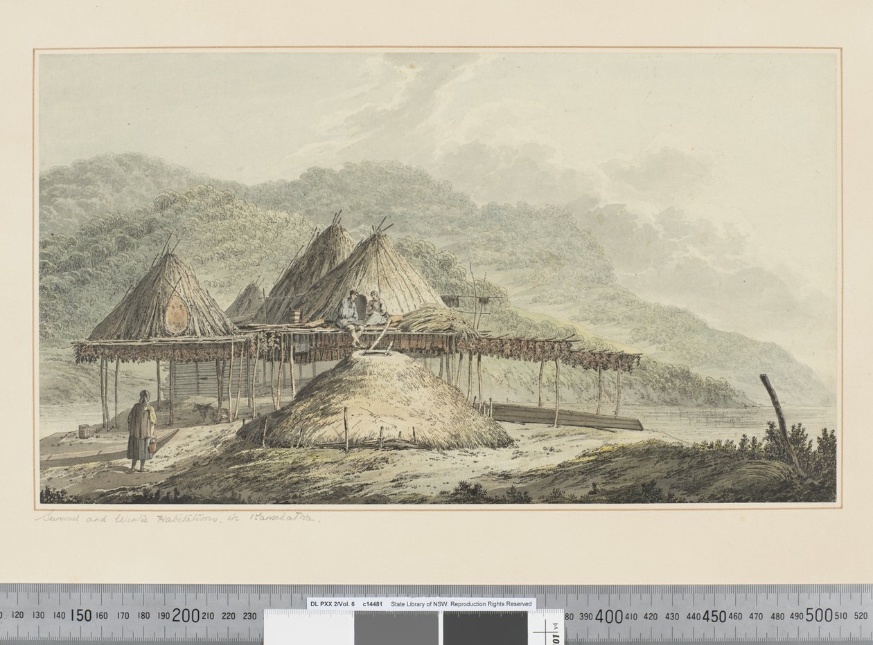 F.42 काम्सचटका में ग्रीष्मकालीन और शीतकालीन आवास, c.1783-84 (जल रंग) द्वारा जॉन वेबर