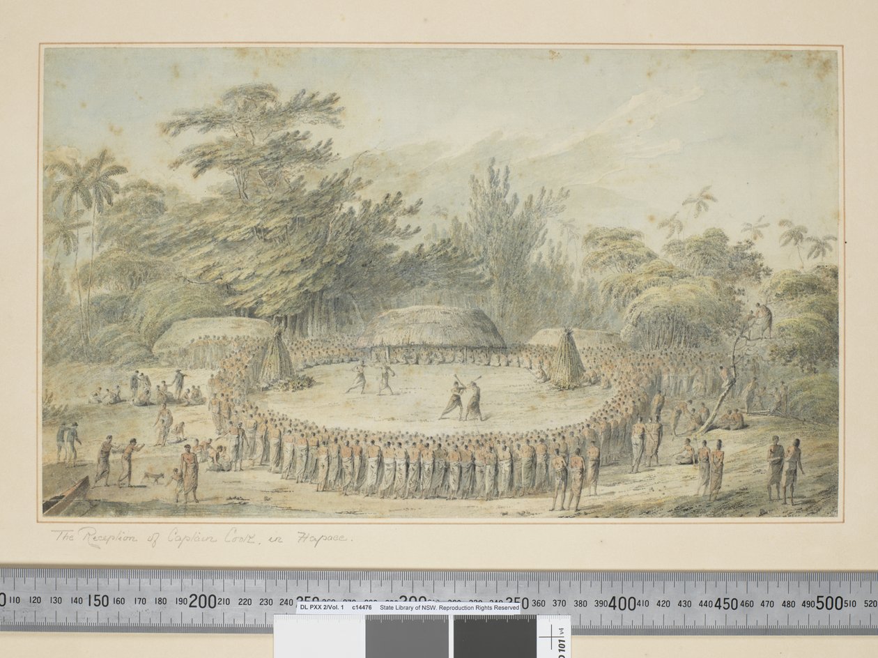 F.4 हापी में कैप्टन कुक का स्वागत, c.1773-84 (वाटरकलर और प्रिंट उत्कीर्णन) द्वारा जॉन वेबर