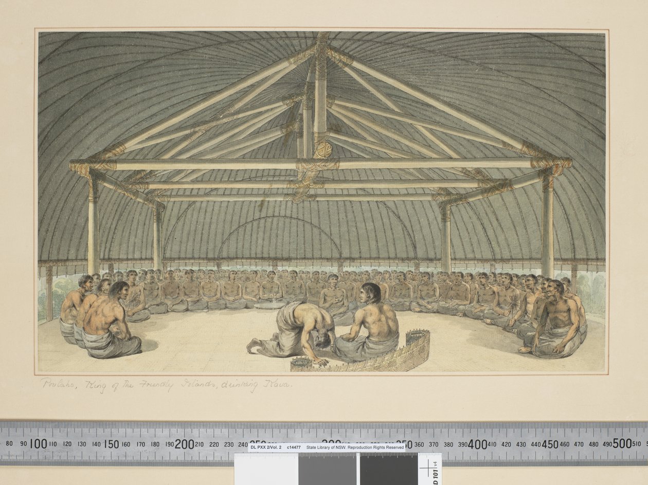 F.7 पौलाहो, फ्रेंडली आइलैंड्स के राजा, कावा पीते हुए, c.1773-84 (वाटरकलर) द्वारा जॉन वेबर