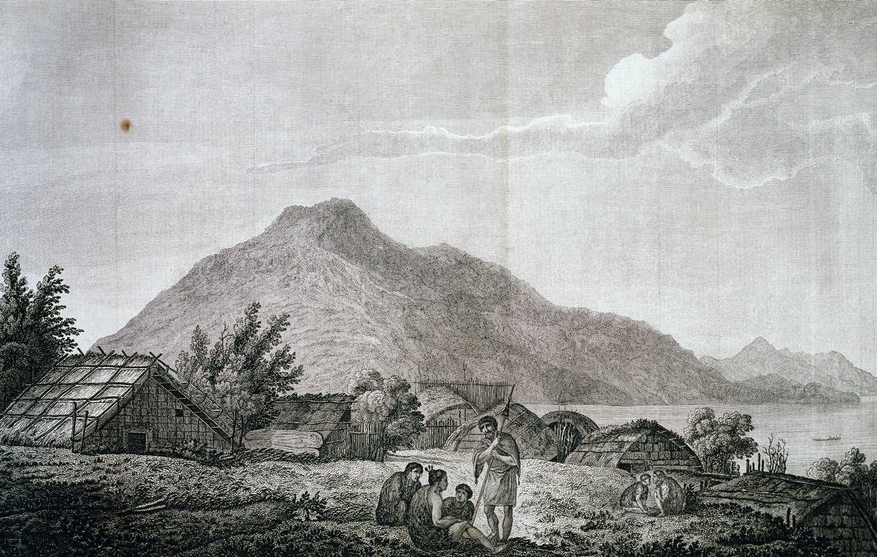 जेम्स कुक (1776-1779) की अंतिम यात्रा के खाते से जॉन वेबर (1750-1793) द्वारा ड्राइंग के आधार पर, मोटुआरा द्वीप पर हिप्पा के अंदर। एनग्रेविंग द्वारा जॉन वेबर