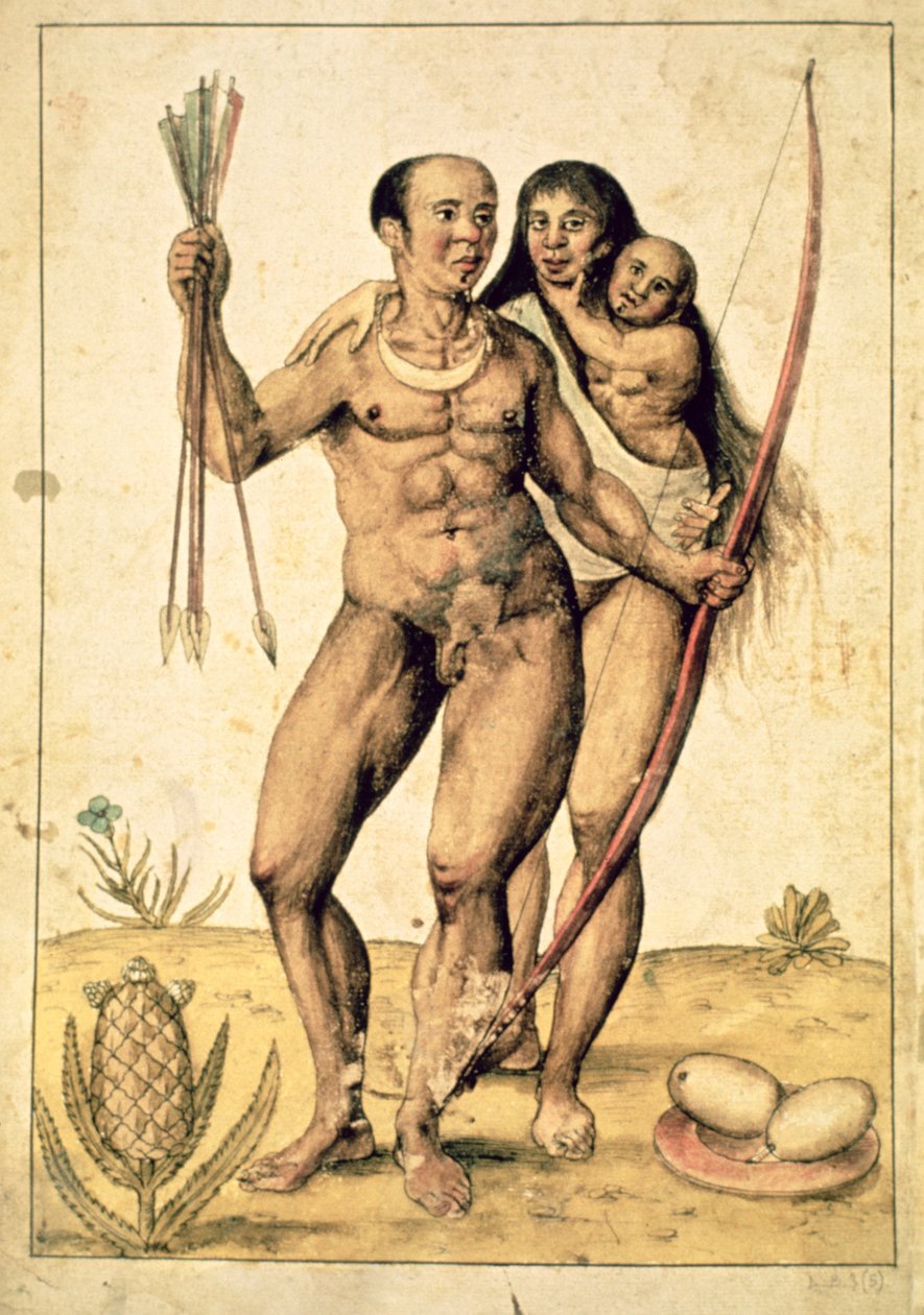 एक मूल अमेरिकी परिवार, c.1585-87 (कागज पर पानी के रंग का) द्वारा जॉन व्हाइट