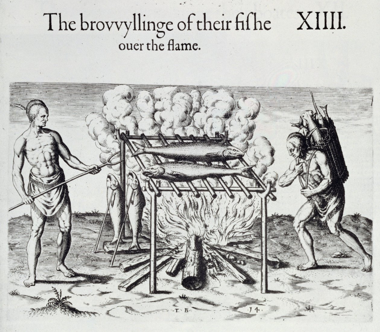 कुकिंग फिश, थॉमस हैरियट (1560-1621) पब द्वारा &39;ए ब्रीफ एंड ट्रू रिपोर्ट ऑफ द न्यू फाउंड लैंड ऑफ वर्जीनिया&39; से प्लेट। 1590 द्वारा जॉन व्हाइट