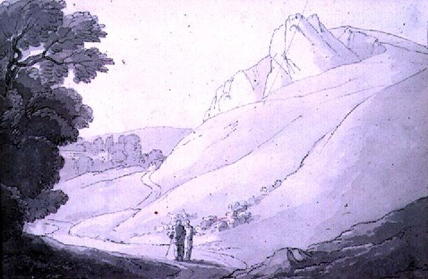दो आंकड़े (कलम, स्याही और जल रंग) के साथ एक पहाड़ी परिदृश्य द्वारा जॉन व्हाइट एबॉट