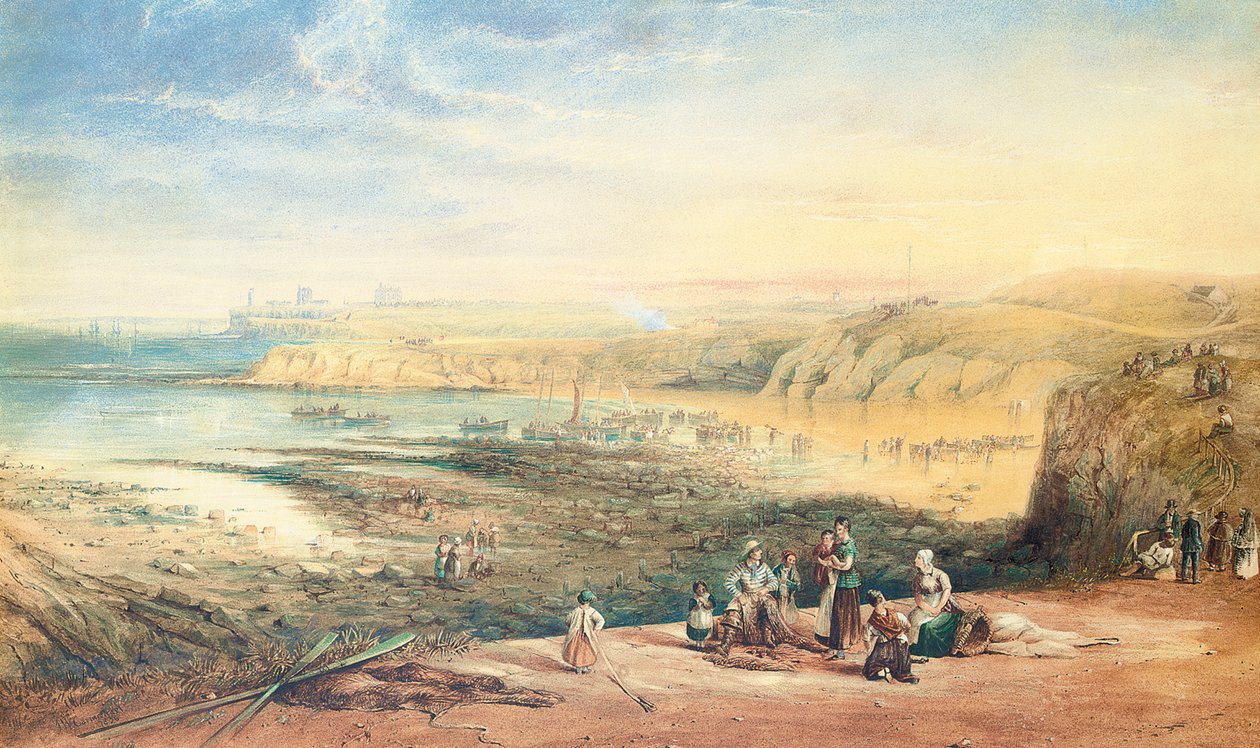 1836 में अग्रभूमि में फिशरफॉक के साथ टाइनमाउथ, नॉर्थम्बरलैंड की ओर देख रहे कुलीरकोटस द्वारा जॉन विल्सन कारमाइकल