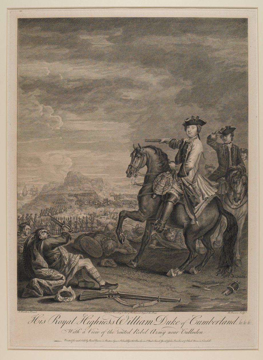 एचआरएच विलियम (1721-65) ड्यूक ऑफ कंबरलैंड, 1746 में कुल्लोडेन के पास रुकी सेना के एक दृश्य के साथ, बी। बैरन, 1747 द्वारा जॉन वॉटन