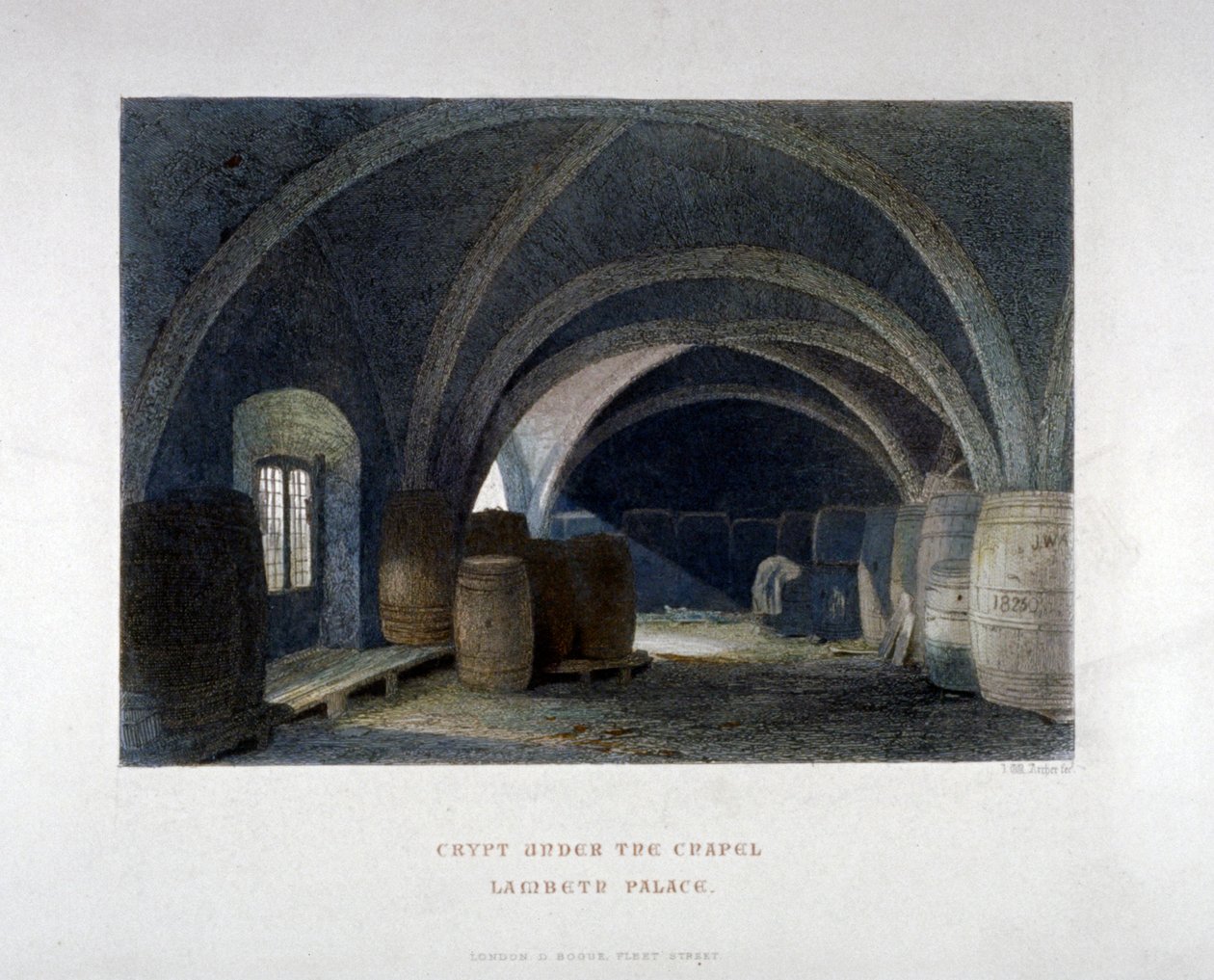 1851 में लंदन के लैम्बेथ पैलेस में चैपल के नीचे बैरल से भरा क्रिप्ट। द्वारा जॉन व्येकहम आर्चर