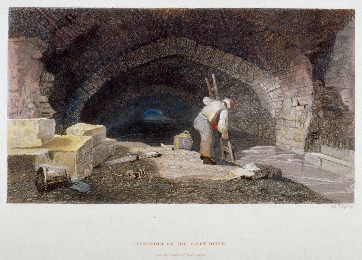 फील्ड लेन, सिटी ऑफ़ लंदन, 1851 के पीछे फ्लीट डिच का आंतरिक भाग। द्वारा जॉन व्येकहम आर्चर