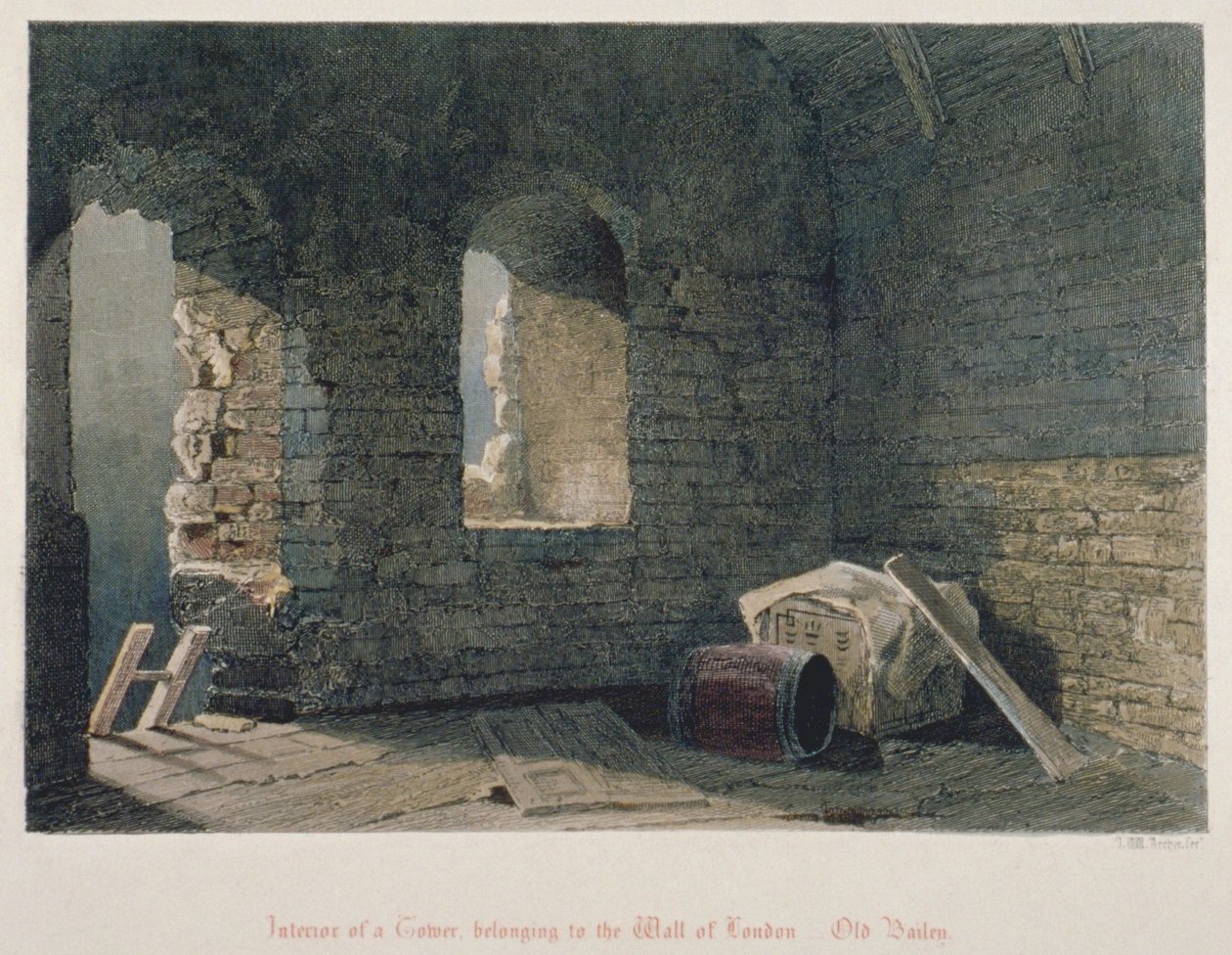 ओल्ड बेली, सिटी ऑफ़ लंदन, 1851 में लंदन की दीवार से संबंधित एक टावर का आंतरिक दृश्य द्वारा जॉन व्येकहम आर्चर
