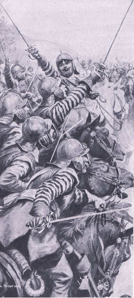 एजहिल की लड़ाई में कैवलरी सगाई, 23 अक्टूबर 1642, लैंड और सी, 1915 पर ब्रिटिश बैटल से चित्रण द्वारा जॉन डी वाल्टन