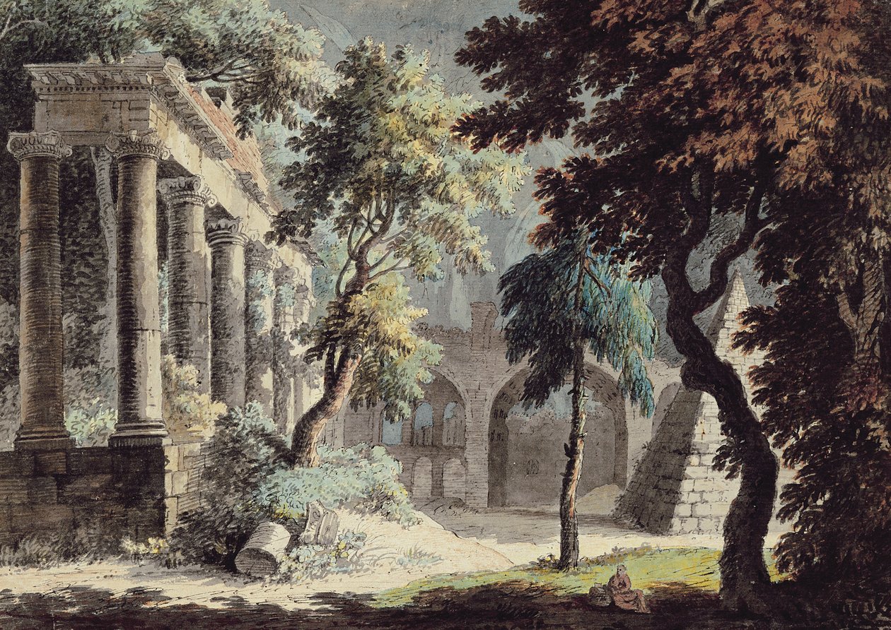 शनि का मंदिर (रोमन खंडहर) (कलम और स्याही, जल रंग और कागज पर धोना) द्वारा जोनाथन स्केल्टन