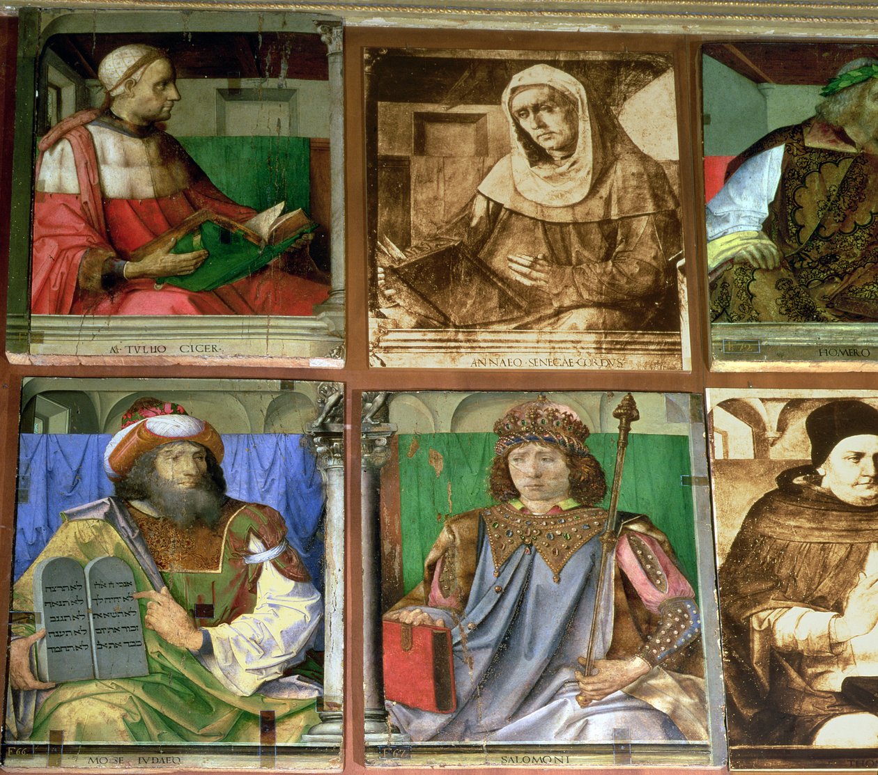 फेडेरिगो दा मोंटेफेल्ट्रो का अध्ययन, उरबिनो का ड्यूक, टीएल से क्लॉकवाइज: सिसेरो, रोमन ओरेटर (106-43 ईसा पूर्व); सेनेका, रोमन स्टोइक दार्शनिक (c.4 ईसा पूर्व- c.65 ईस्वी); होमर, ग्रीक महाकाव्य कवि (8 वीं शताब्दी ईसा पूर्व); सेंट द्वारा जोस वैन जेंट