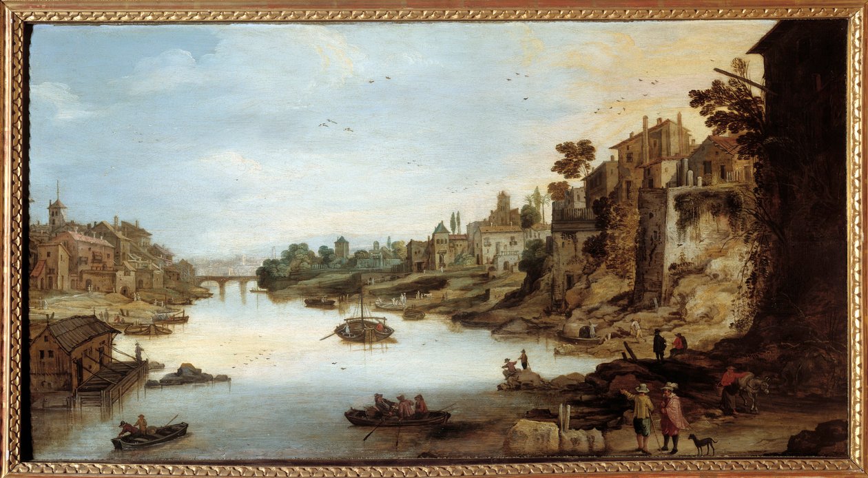 रोम में Tiber (Tevere) का दृश्य बाईं ओर स्टिल्ट पर एक घर। जोस मोम्पर II द्वारा चित्रकारी (1564-1635) द्वारा जोस या जोसे डे द यंगर मोम्पर